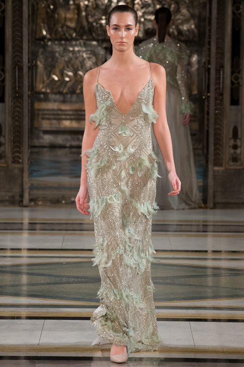 DRESS WITH INLAY AND FEATHER DETAIL - Barrus London